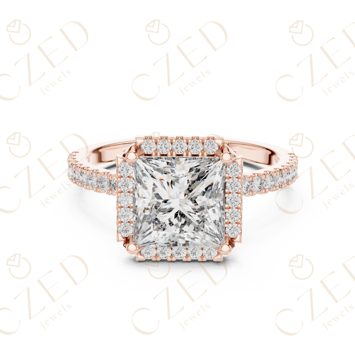 Princess Cut Halo Diamond Engagement Ring with Pavé Set Brilliance