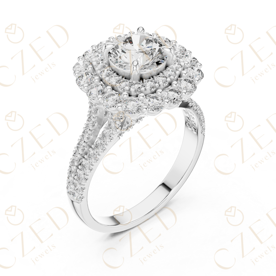Round Cut Diamond Double Halo Pave Engagement Ring