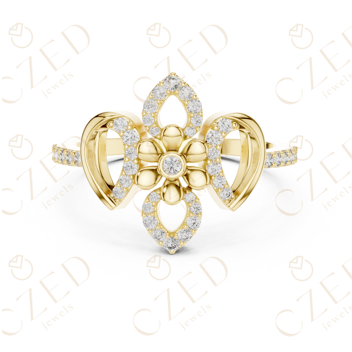 Round Cut Diamond Floral Bow Halo Ring