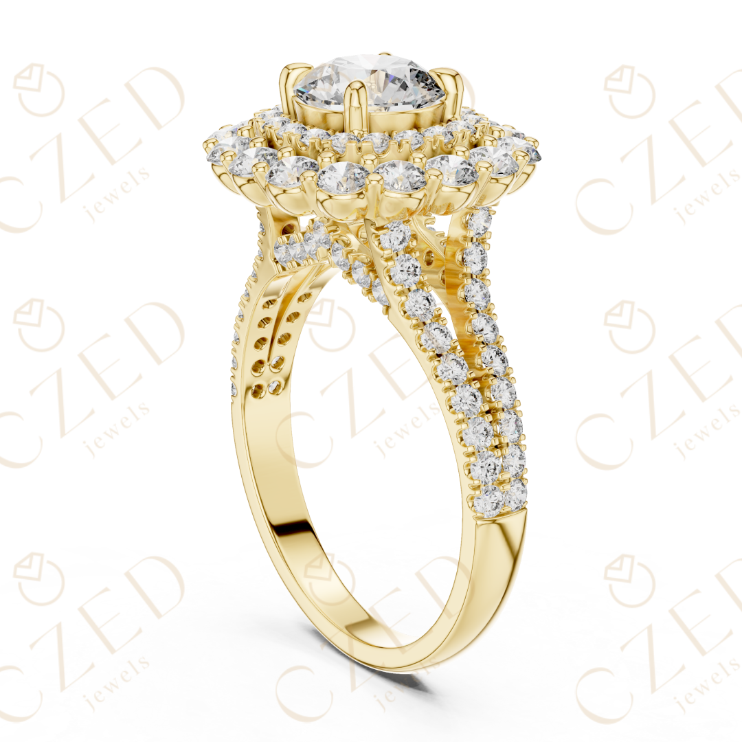 Round Cut Diamond Double Halo Pave Engagement Ring