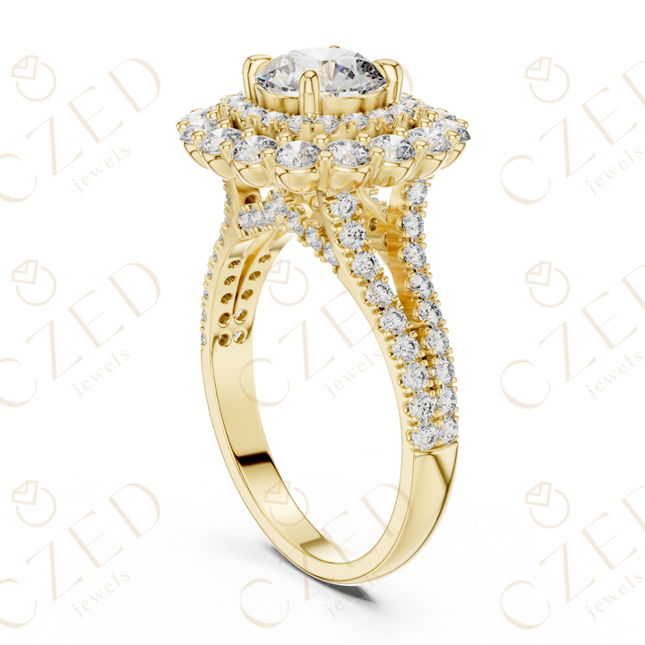 Round Cut Diamond Double Halo Pave Engagement Ring