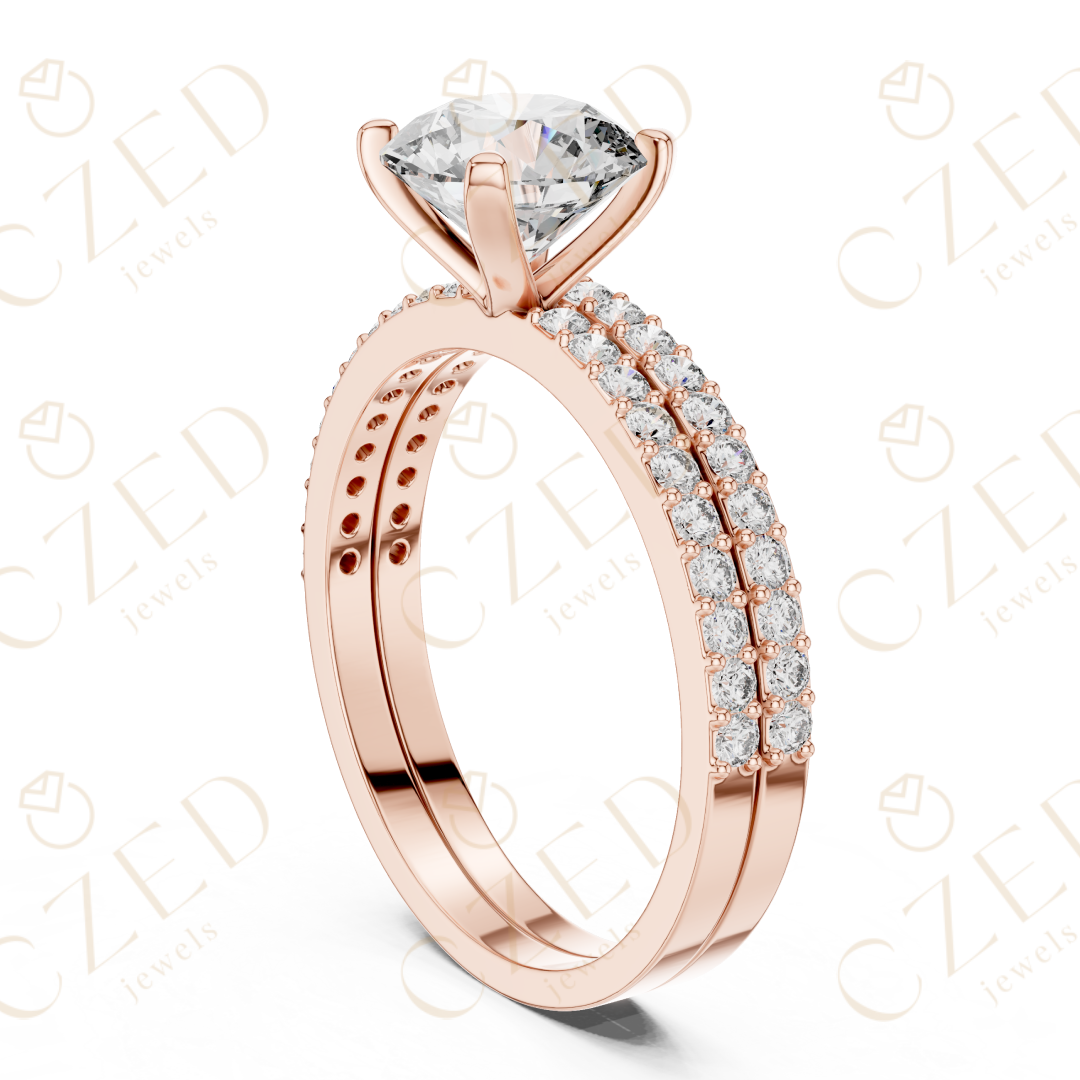 Round Brilliant Diamond Solitaire Ring with Double Row Pave Band