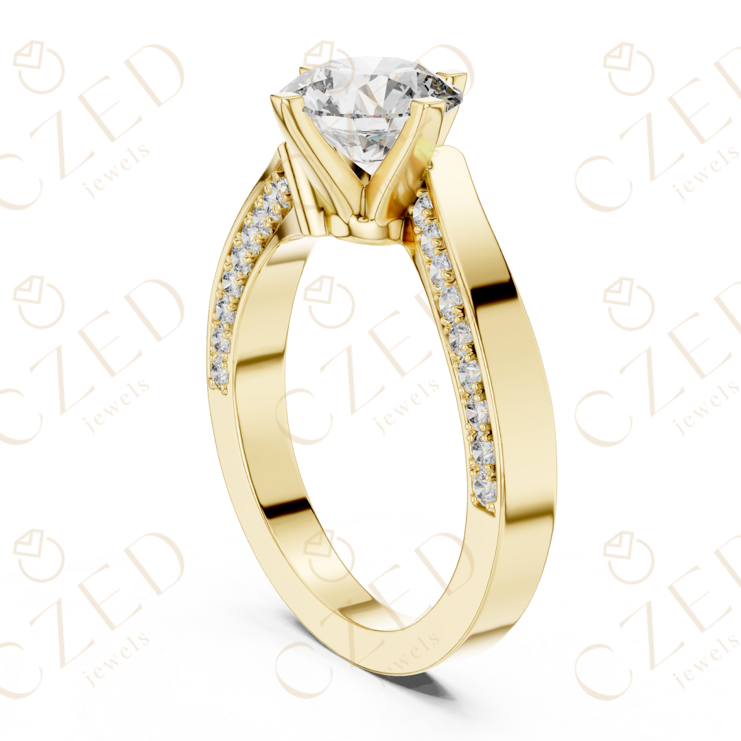 Round Brilliant Solitaire Diamond Ring with Twisted Pavé Accents