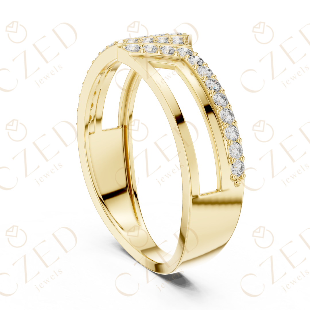 Round Cut Diamond Geometric Panel Band with Pavé Accents