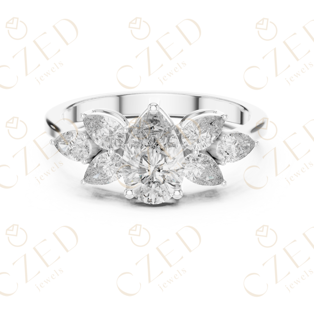 Pear Cut Diamond Floral Side Stone Ring with Elegant Petal-Inspired Brilliance