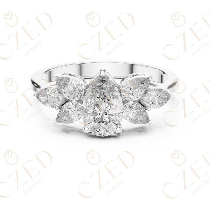 Pear Cut Diamond Floral Side Stone Ring with Elegant Petal-Inspired Brilliance