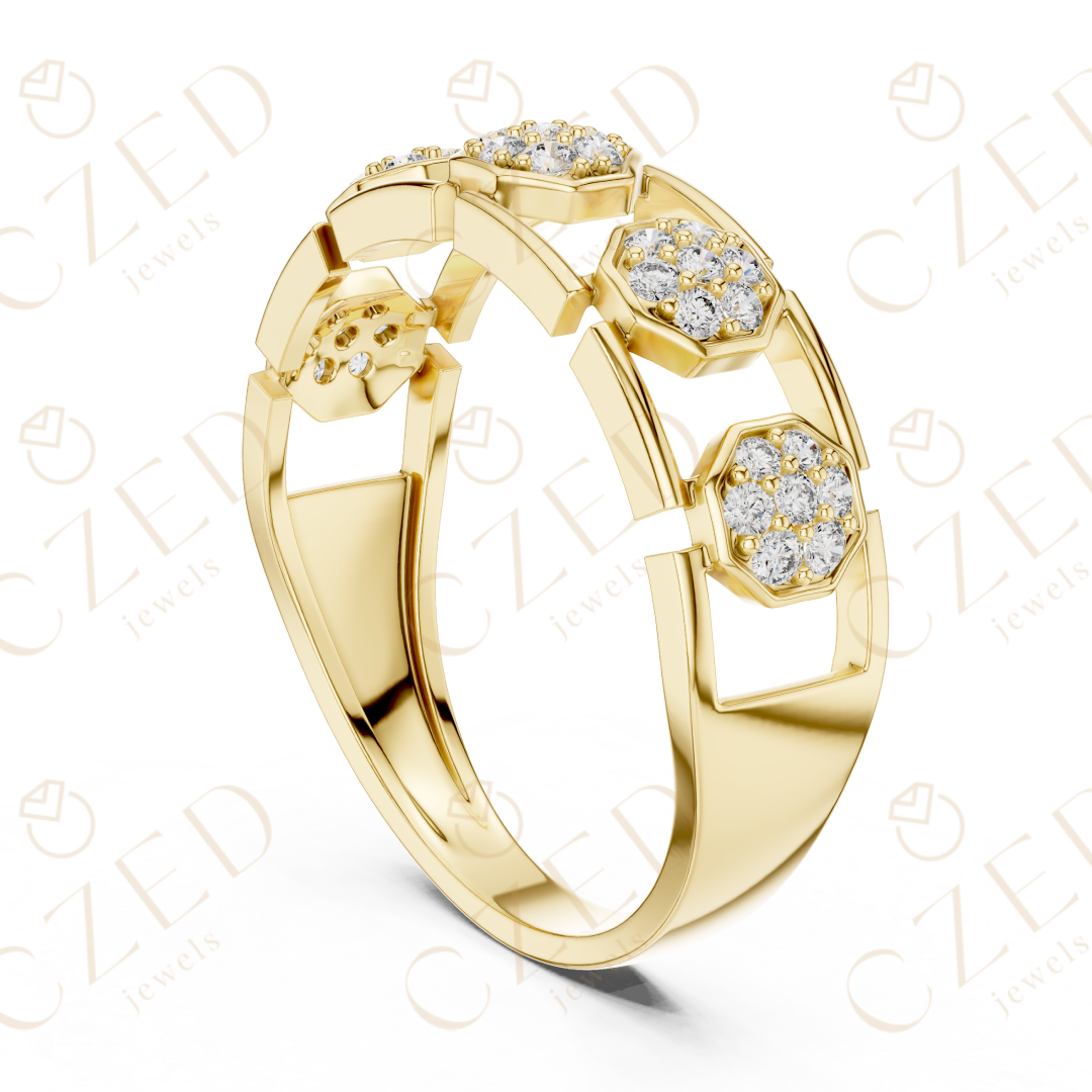 Round Cut Diamond Pavé Hexagon Panel Men’s Band with Openwork Links