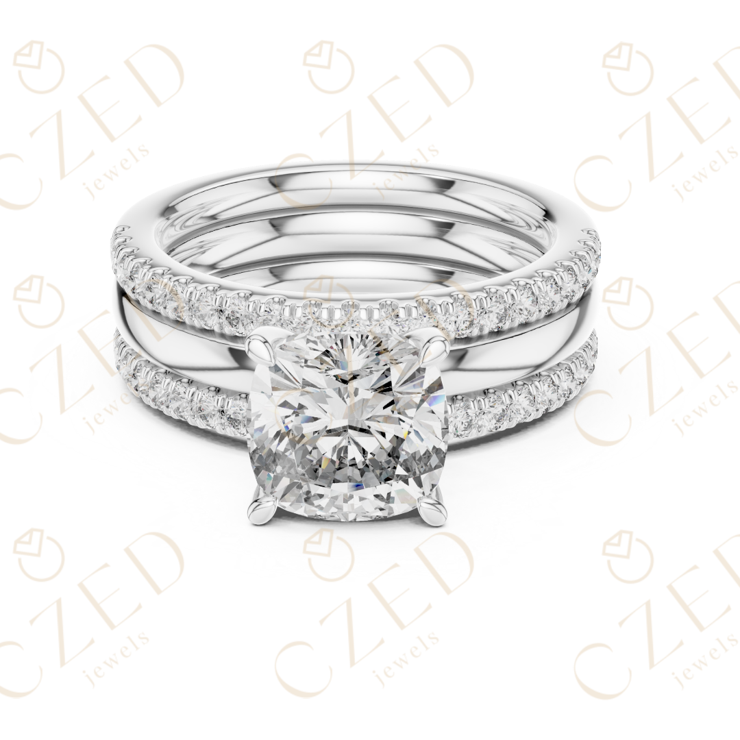 Cushion Cut Diamond Solitaire Ring with Pavé Band Stack
