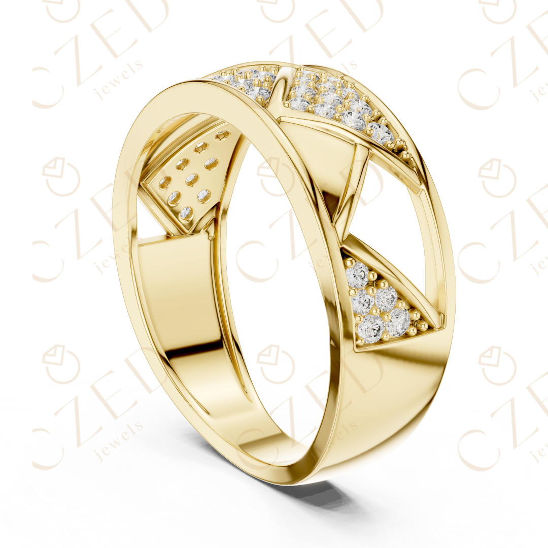 Round Cut Diamond Geometric Cross Band Ring