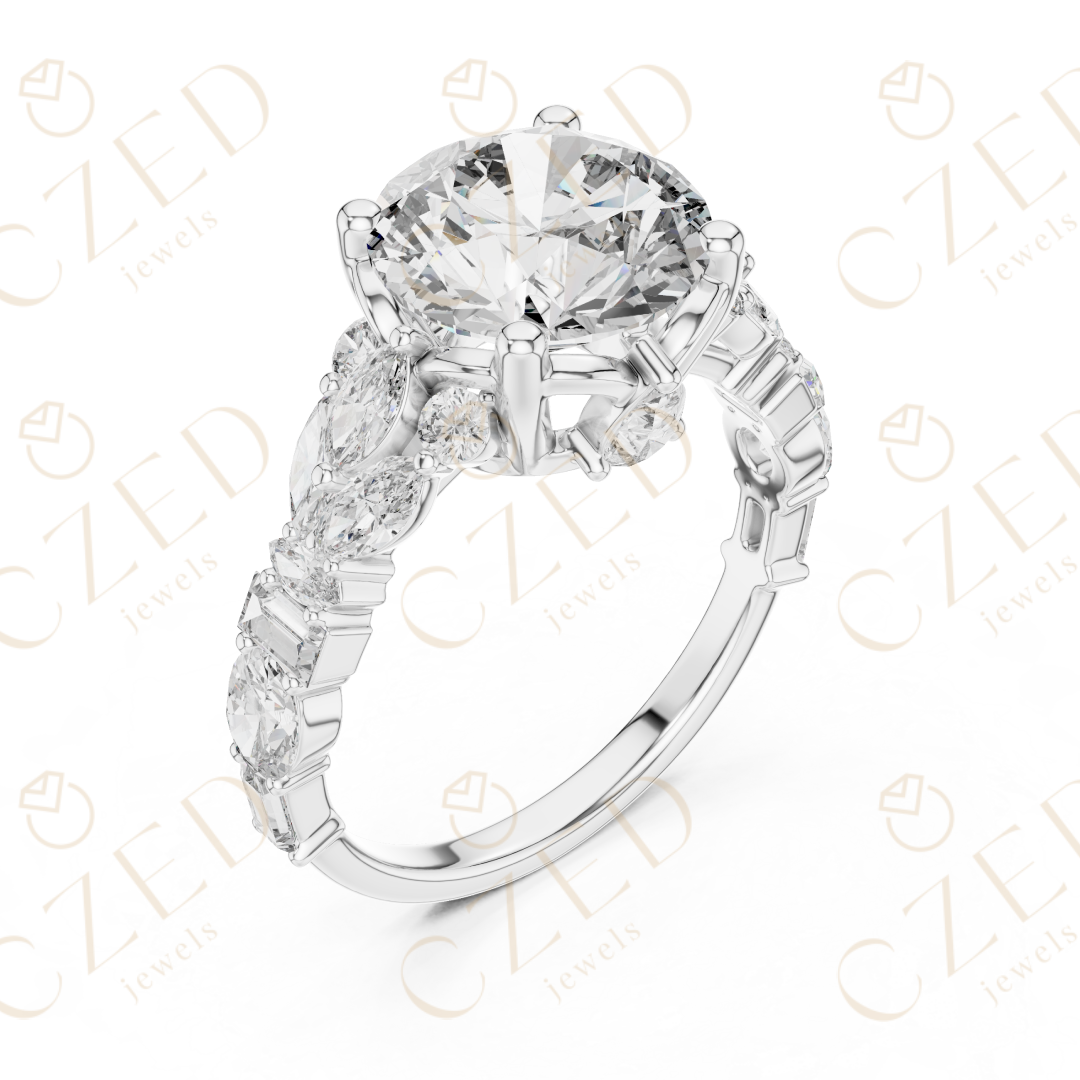 Round Cut Diamond Engagement Ring with Mixed Shape Side Stones