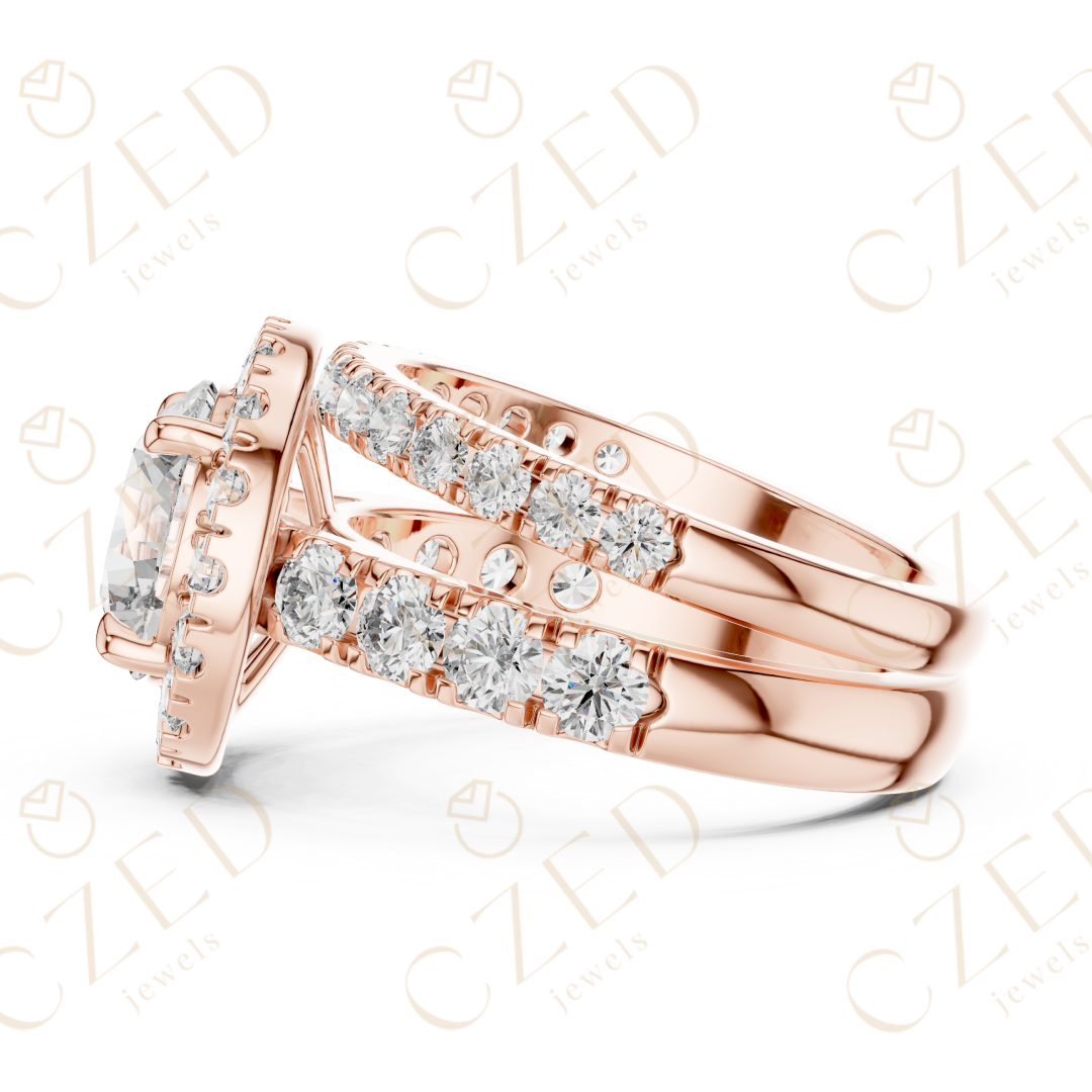 Round Brilliant Diamond Halo Ring with Double Row Pave Band and Matching Band