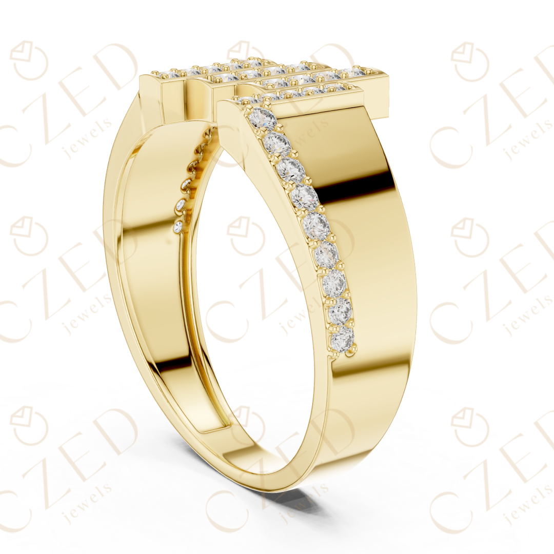 Round Brilliant Diamond Geometric Step Panel Band Ring