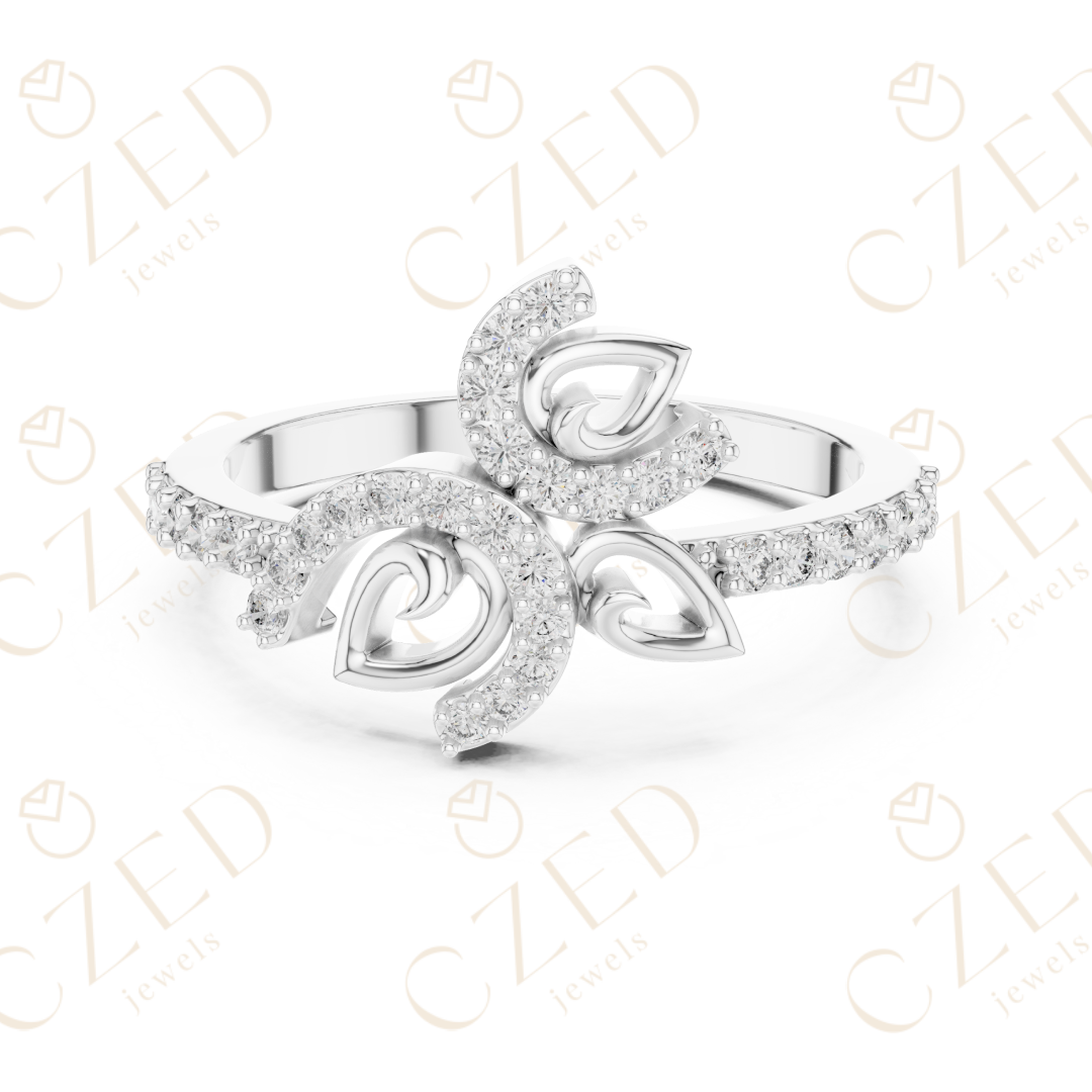 Round Cut Diamond Floral Leaf Halo Ring