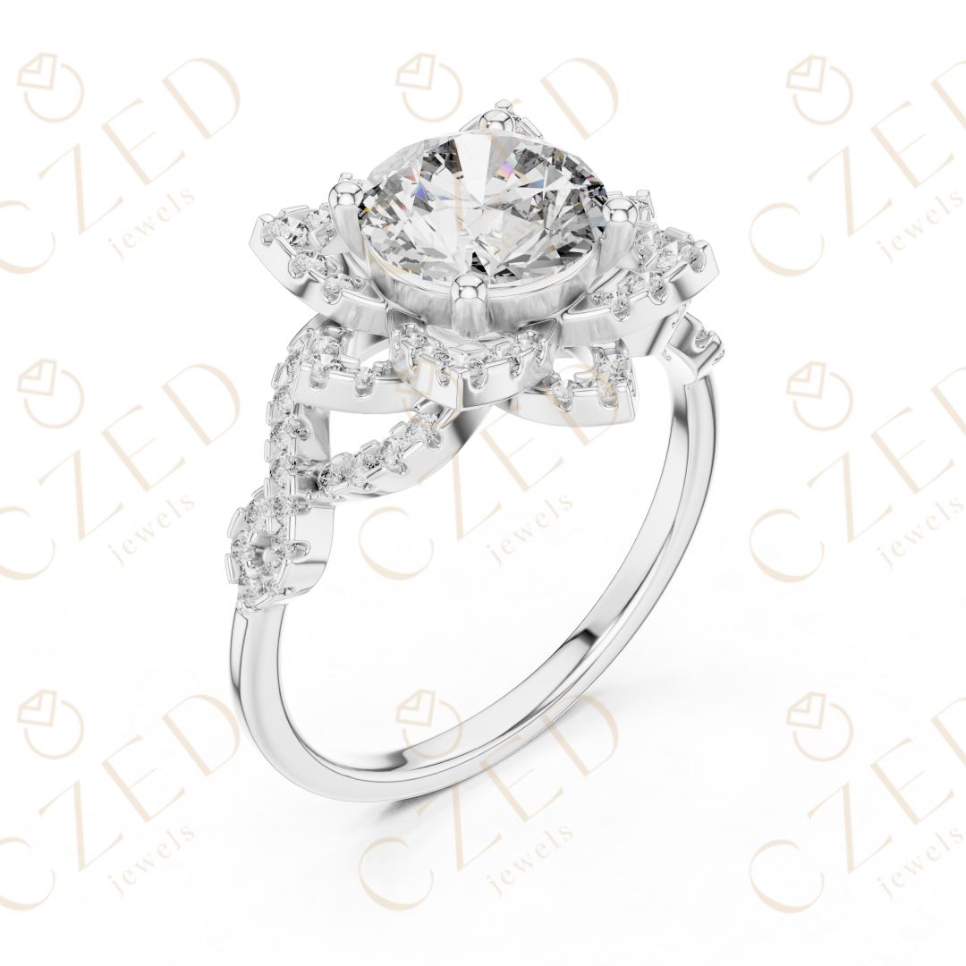 Round Cut Floral Halo Diamond Engagement Ring