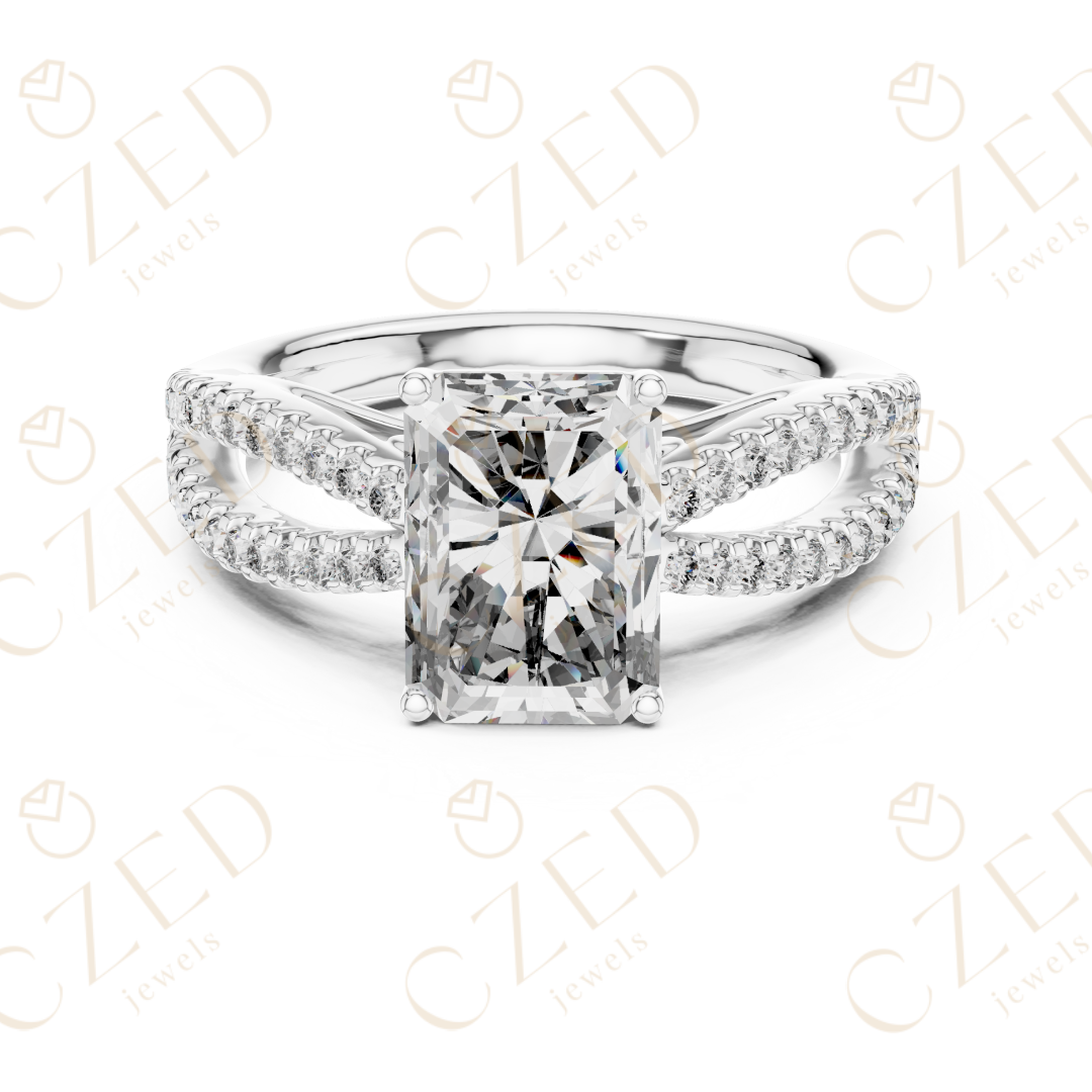 Radiant Cut Diamond Solitaire Ring with Pavé Set Split Shank
