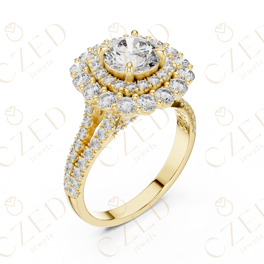 Round Cut Diamond Double Halo Pave Engagement Ring