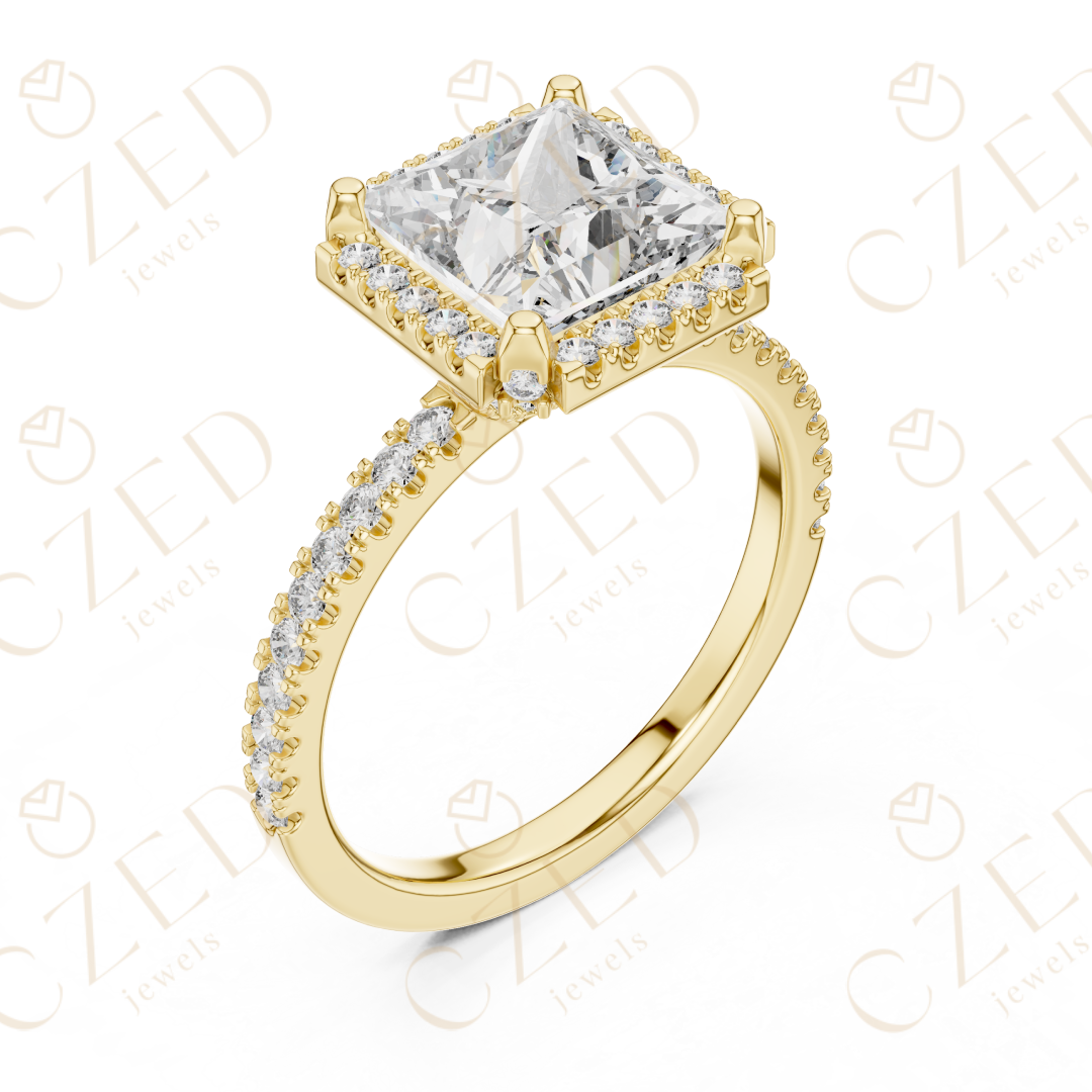 Princess Cut Halo Diamond Engagement Ring with Pavé Set Brilliance