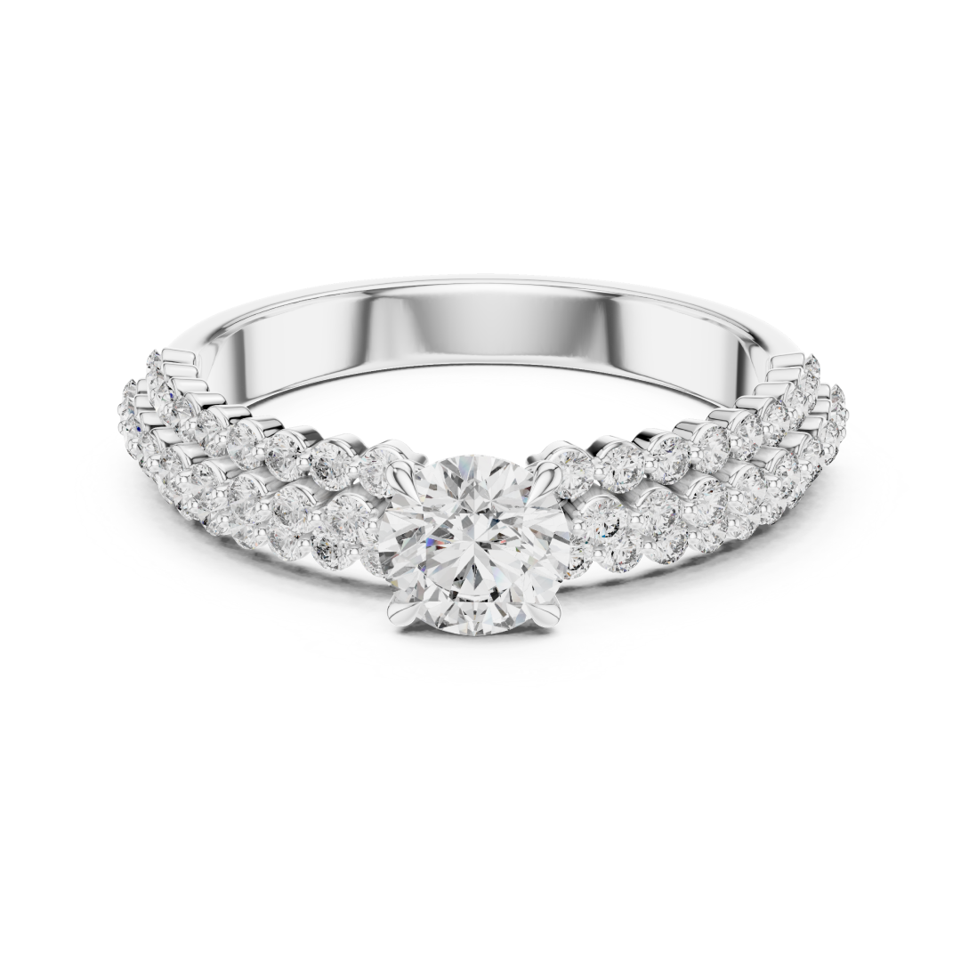 Round Brilliant Diamond Solitaire Ring with Double Row Pave Band