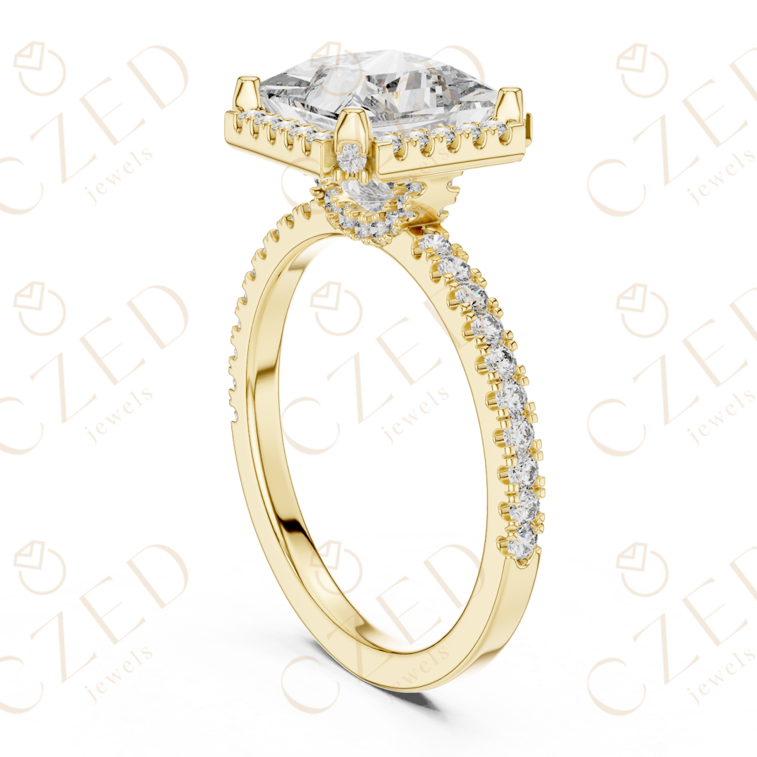 Princess Cut Halo Diamond Engagement Ring with Pavé Set Brilliance