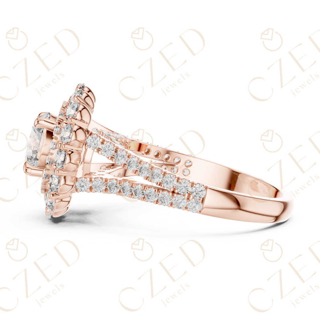 Round Cut Diamond Double Halo Pave Engagement Ring