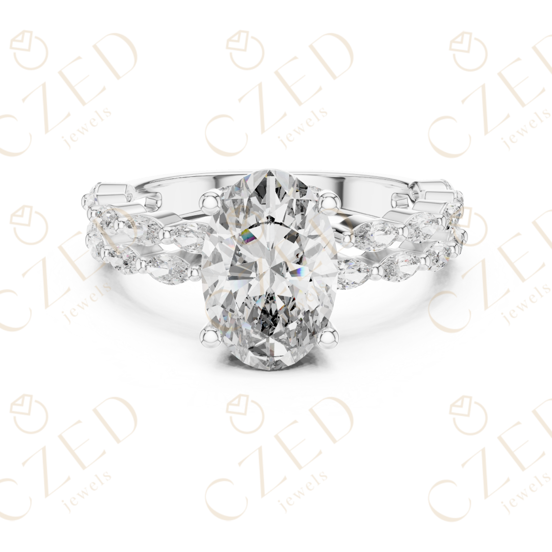 Oval Cut Diamond Solitaire with Marquise Side Accents
