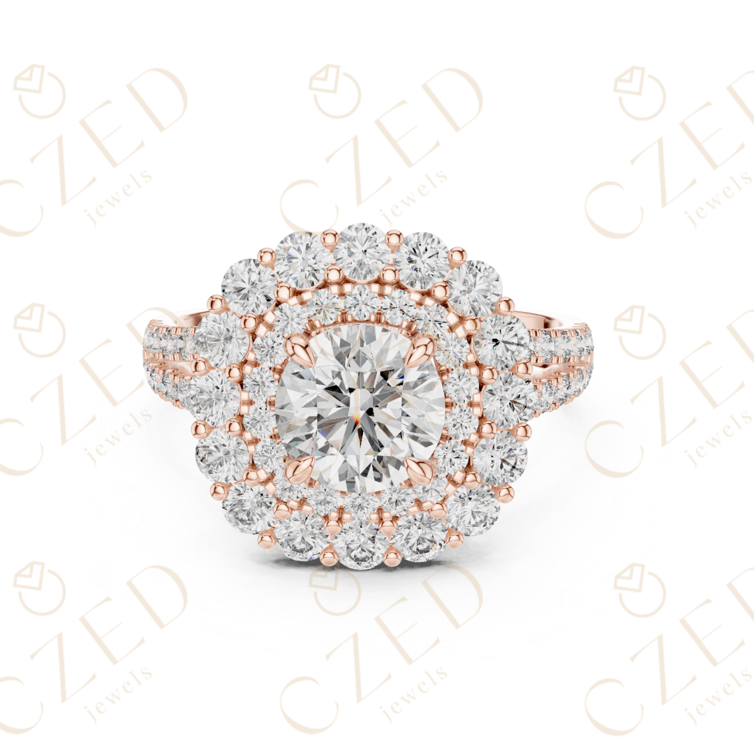 Round Cut Diamond Double Halo Pave Engagement Ring