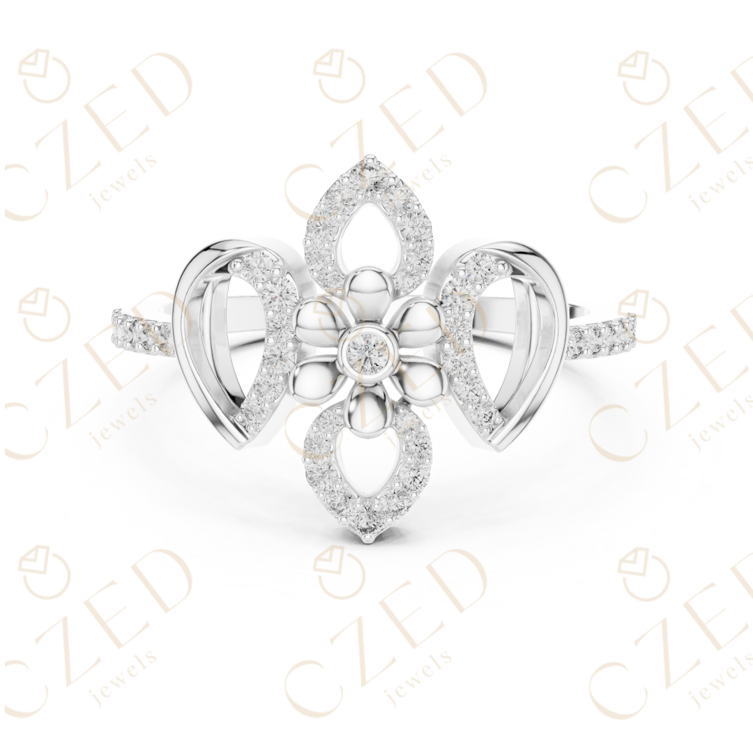 Round Cut Diamond Floral Bow Halo Ring