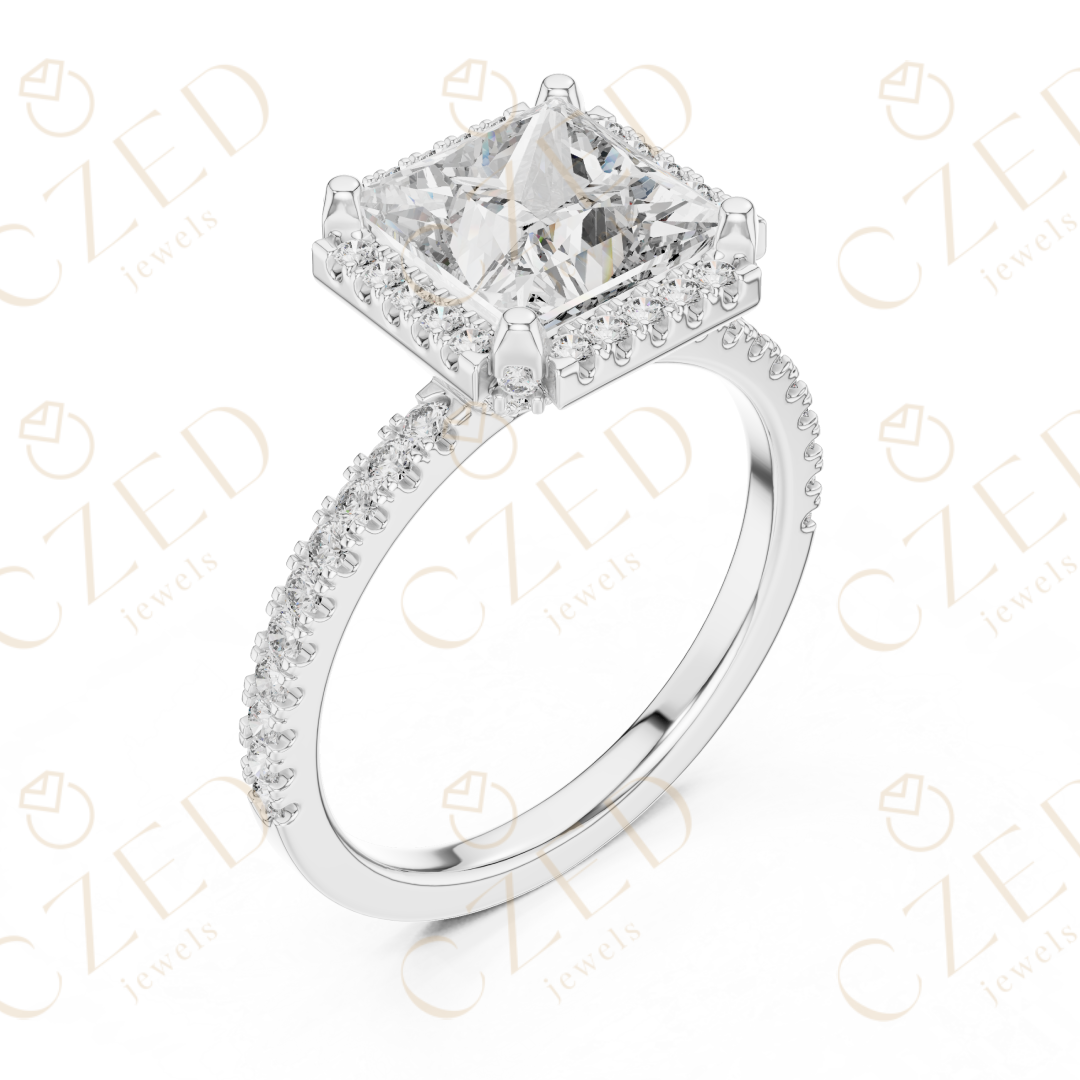 Princess Cut Halo Diamond Engagement Ring with Pavé Set Brilliance
