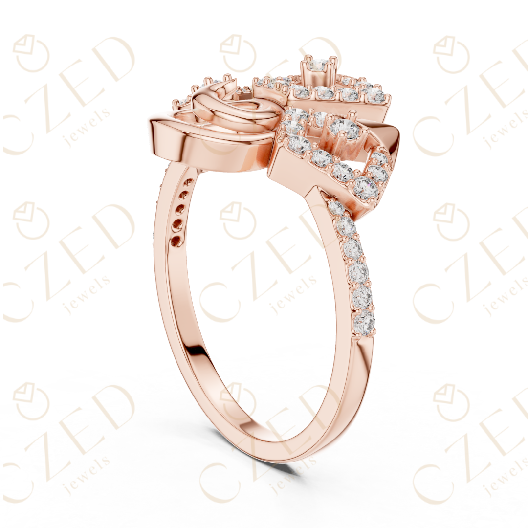 Round Cut Diamond Abstract Spiral Halo Ring