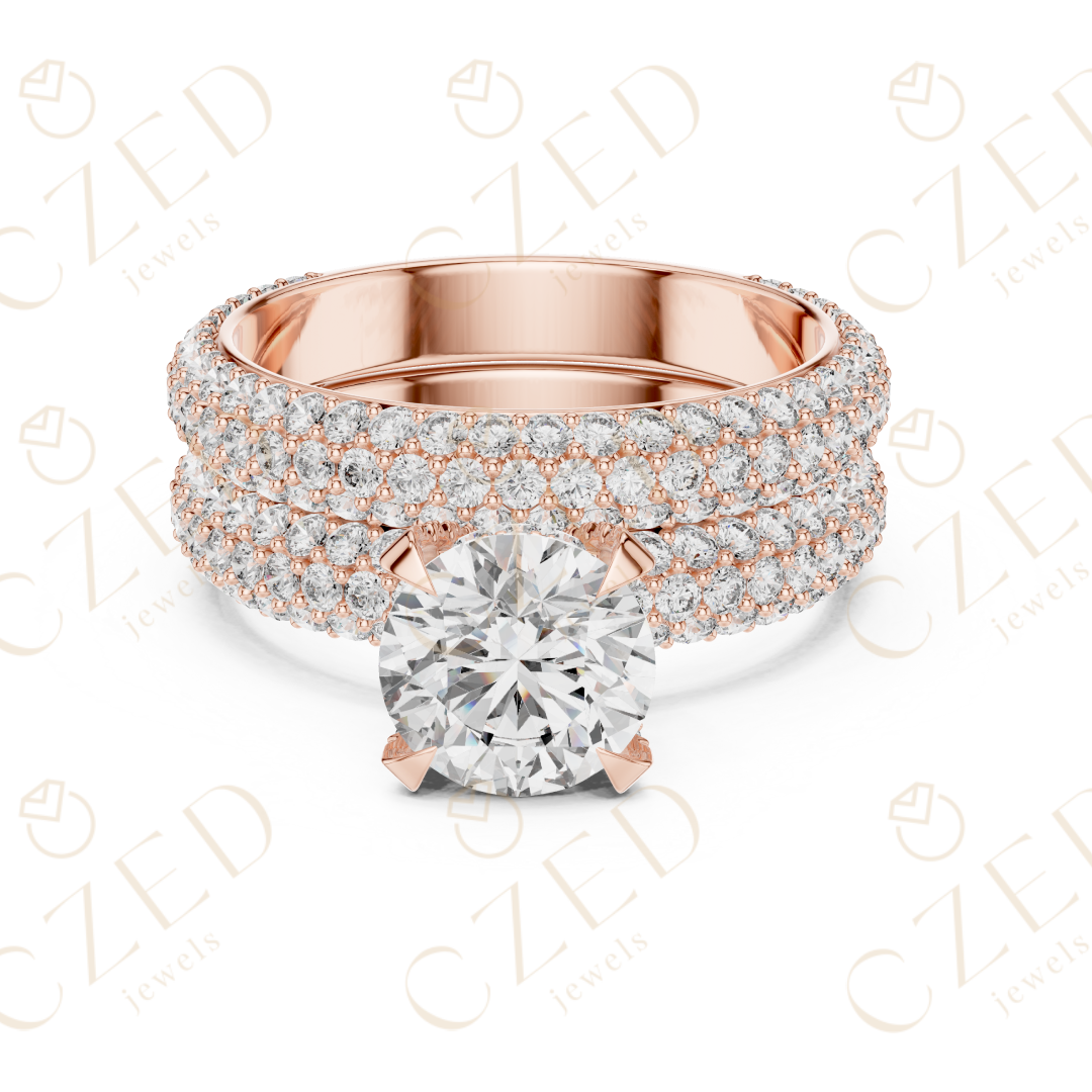 Round Brilliant Solitaire Diamond Ring with Multi-Row Pave Band