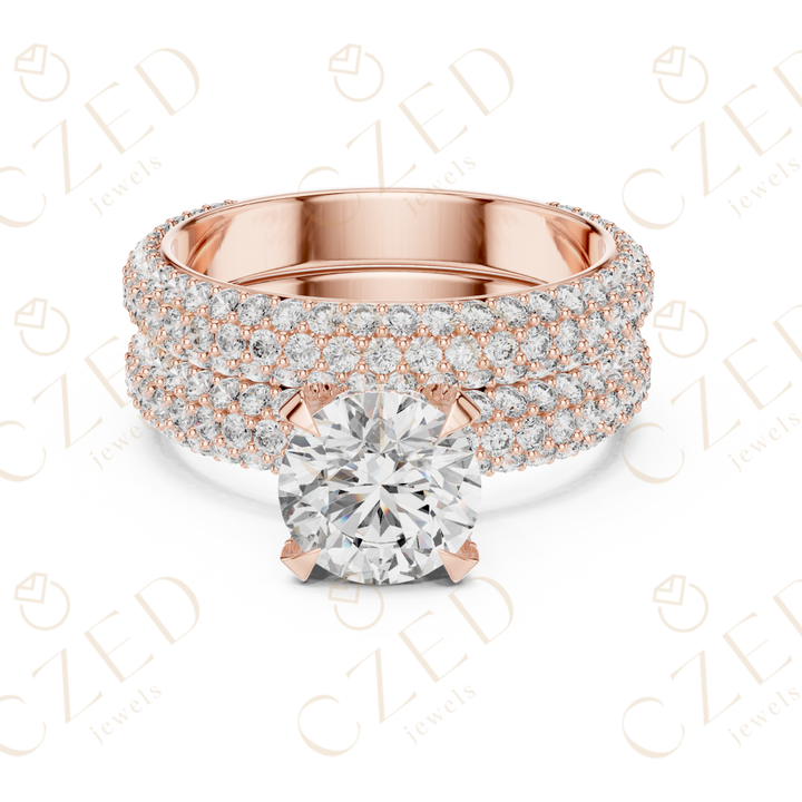 Round Brilliant Solitaire Diamond Ring with Multi-Row Pave Band