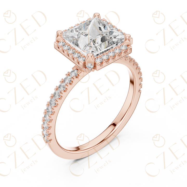 Princess Cut Halo Diamond Engagement Ring with Pavé Set Brilliance