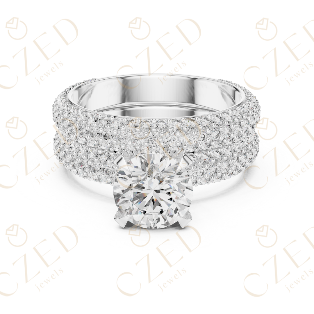 Round Brilliant Solitaire Diamond Ring with Multi-Row Pave Band