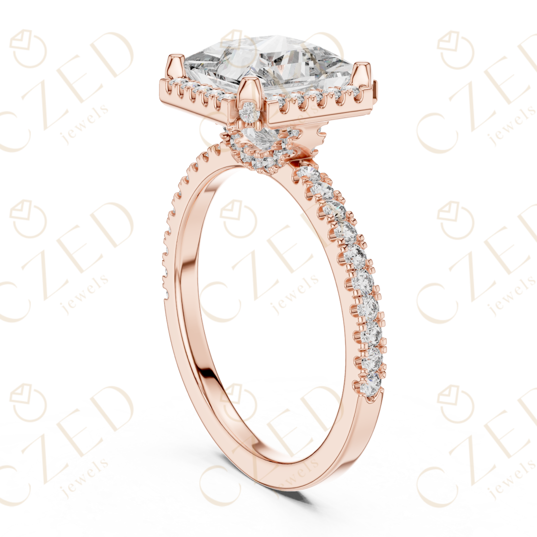 Princess Cut Halo Diamond Engagement Ring with Pavé Set Brilliance