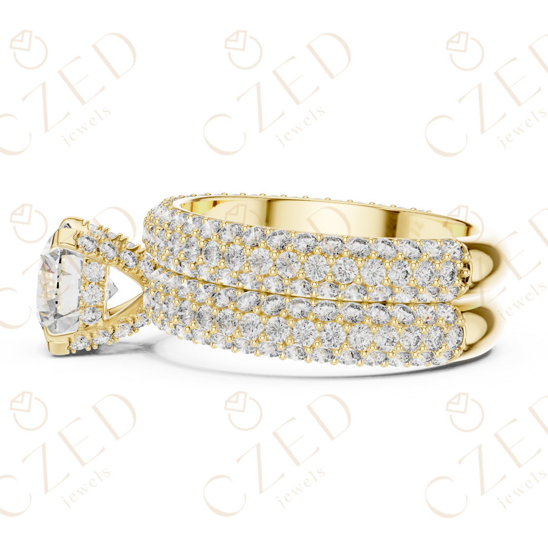 Round Brilliant Solitaire Diamond Ring with Multi-Row Pave Band