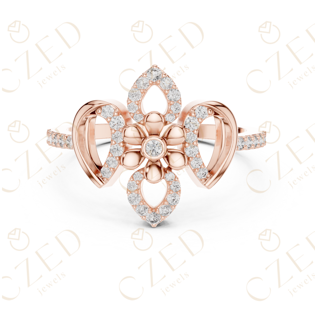 Round Cut Diamond Floral Bow Halo Ring