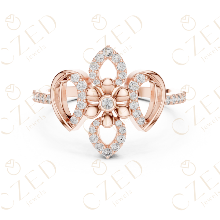 Round Cut Diamond Floral Bow Halo Ring