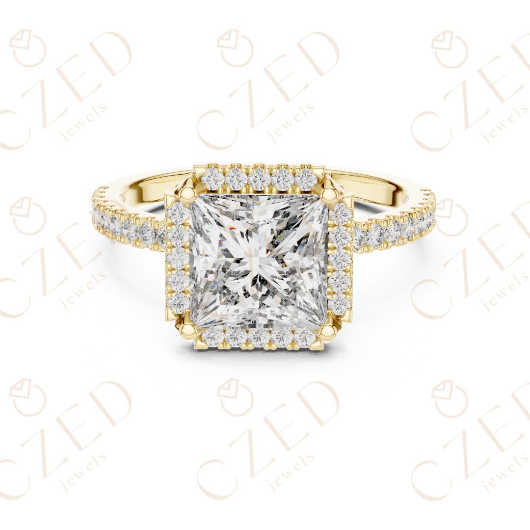 Princess Cut Halo Diamond Engagement Ring with Pavé Set Brilliance
