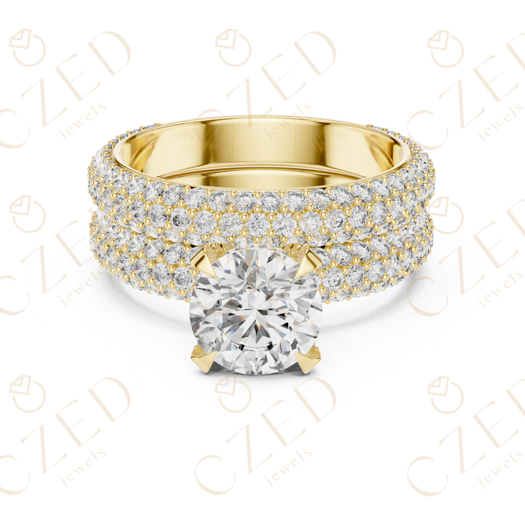 Round Brilliant Solitaire Diamond Ring with Multi-Row Pave Band