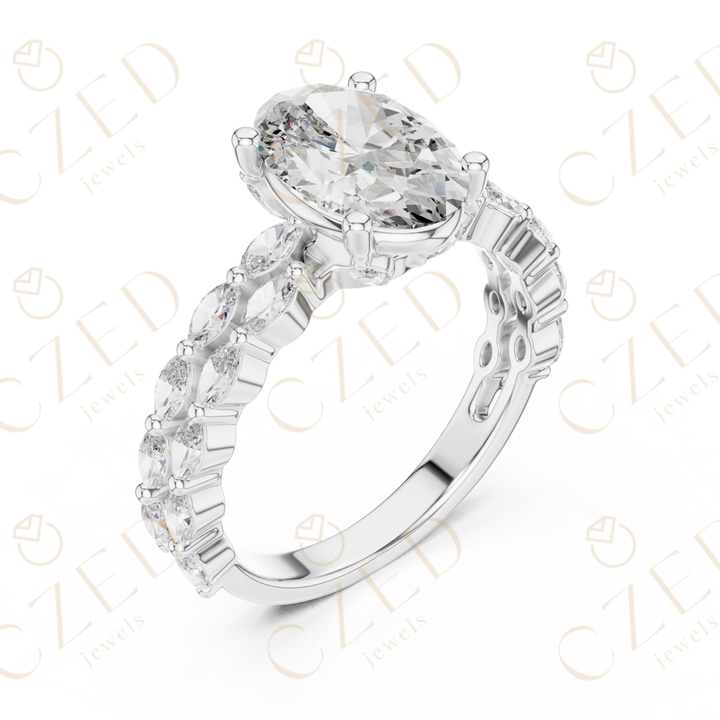 Oval Cut Diamond Solitaire with Marquise Side Accents