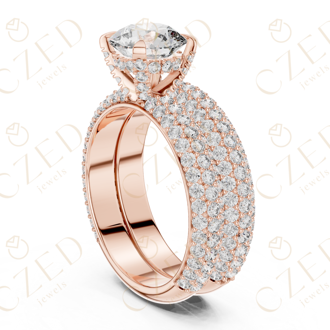 Round Brilliant Solitaire Diamond Ring with Multi-Row Pave Band