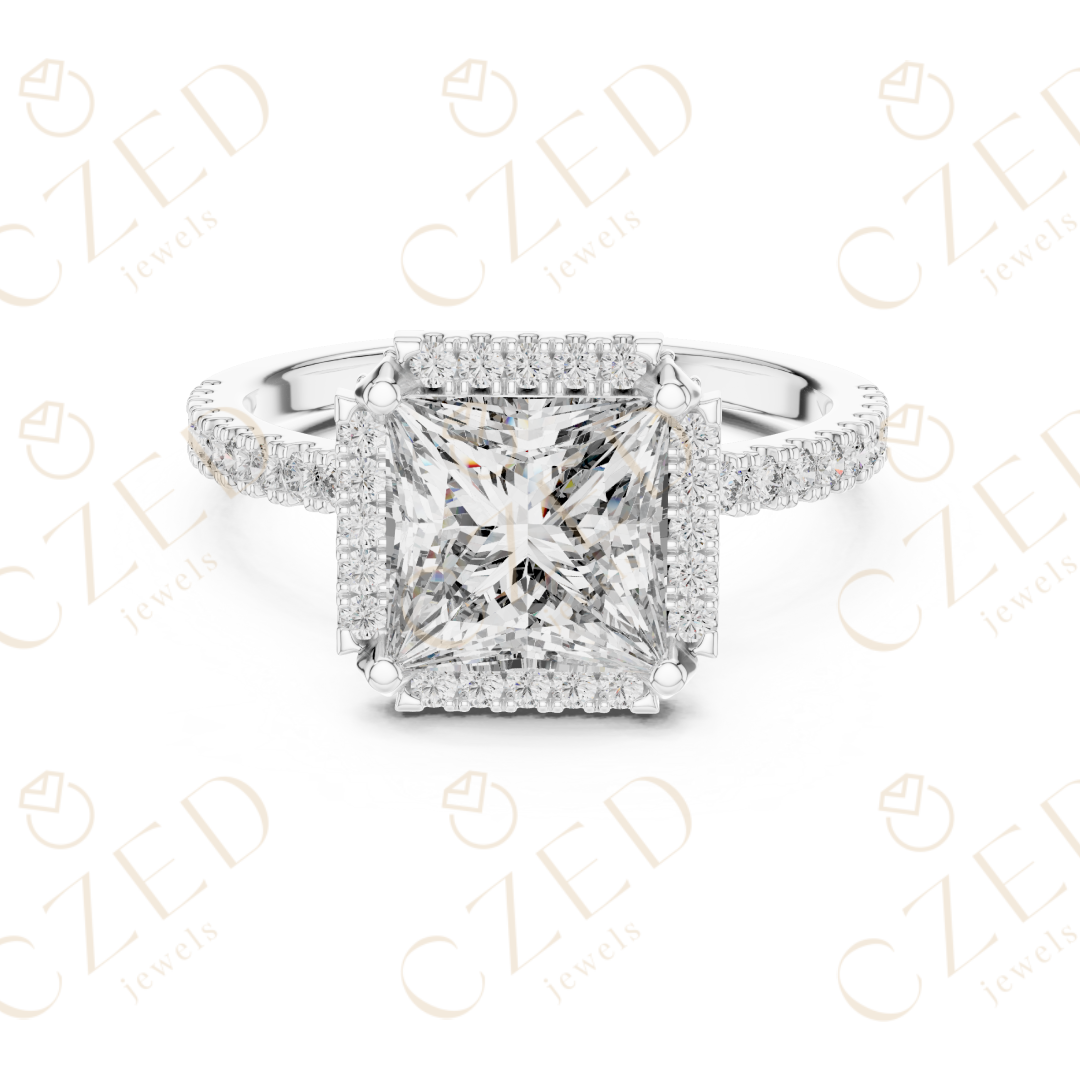 Princess Cut Halo Diamond Engagement Ring with Pavé Set Brilliance