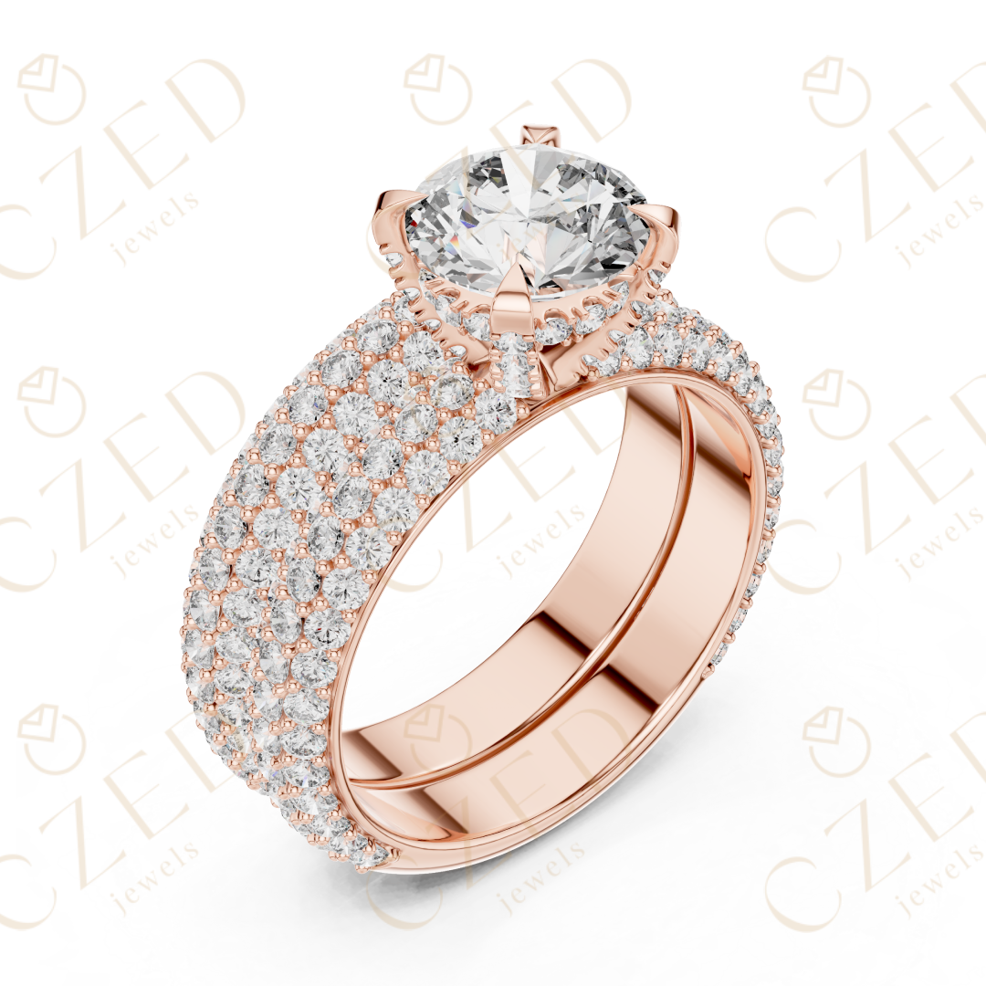 Round Brilliant Solitaire Diamond Ring with Multi-Row Pave Band