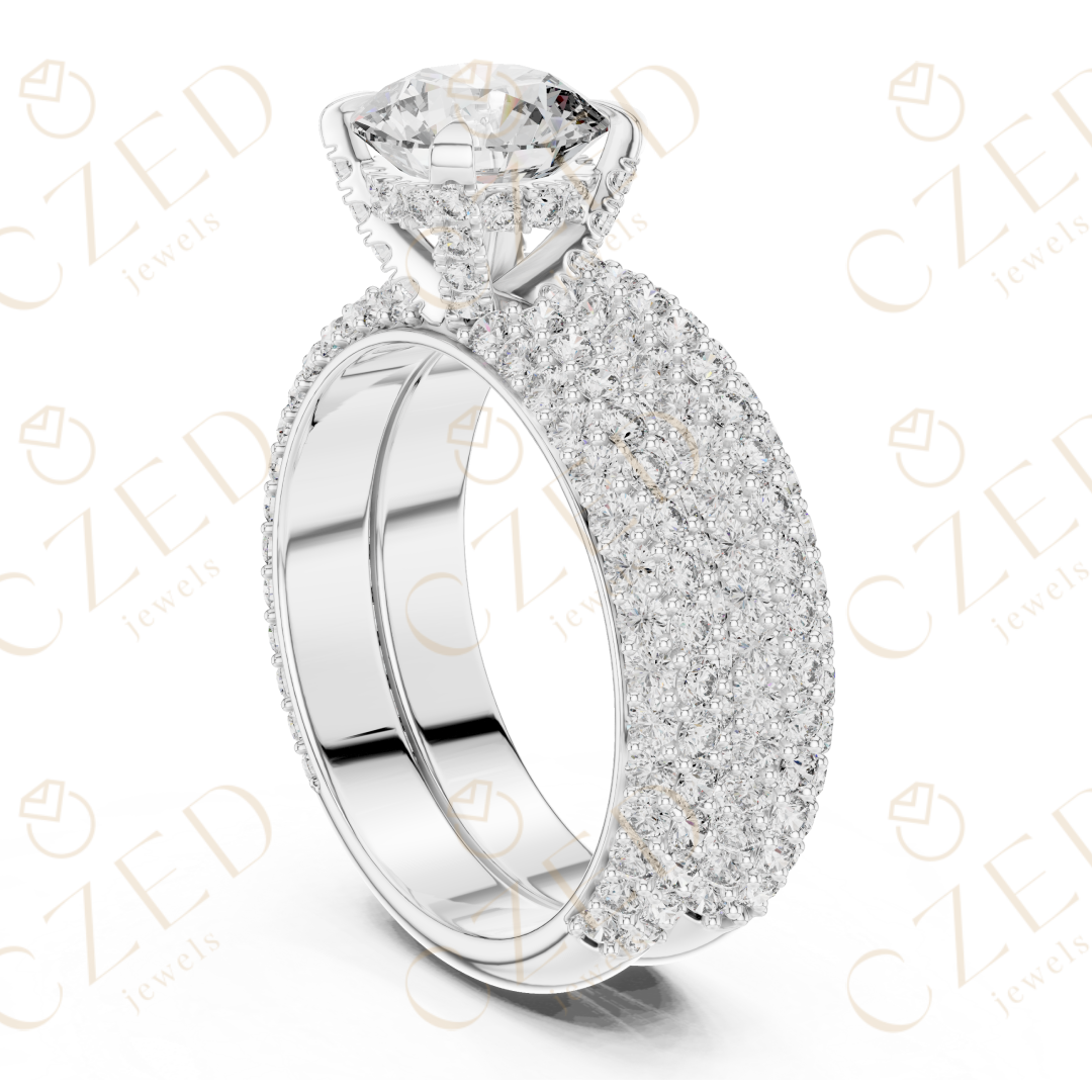 Round Brilliant Solitaire Diamond Ring with Multi-Row Pave Band