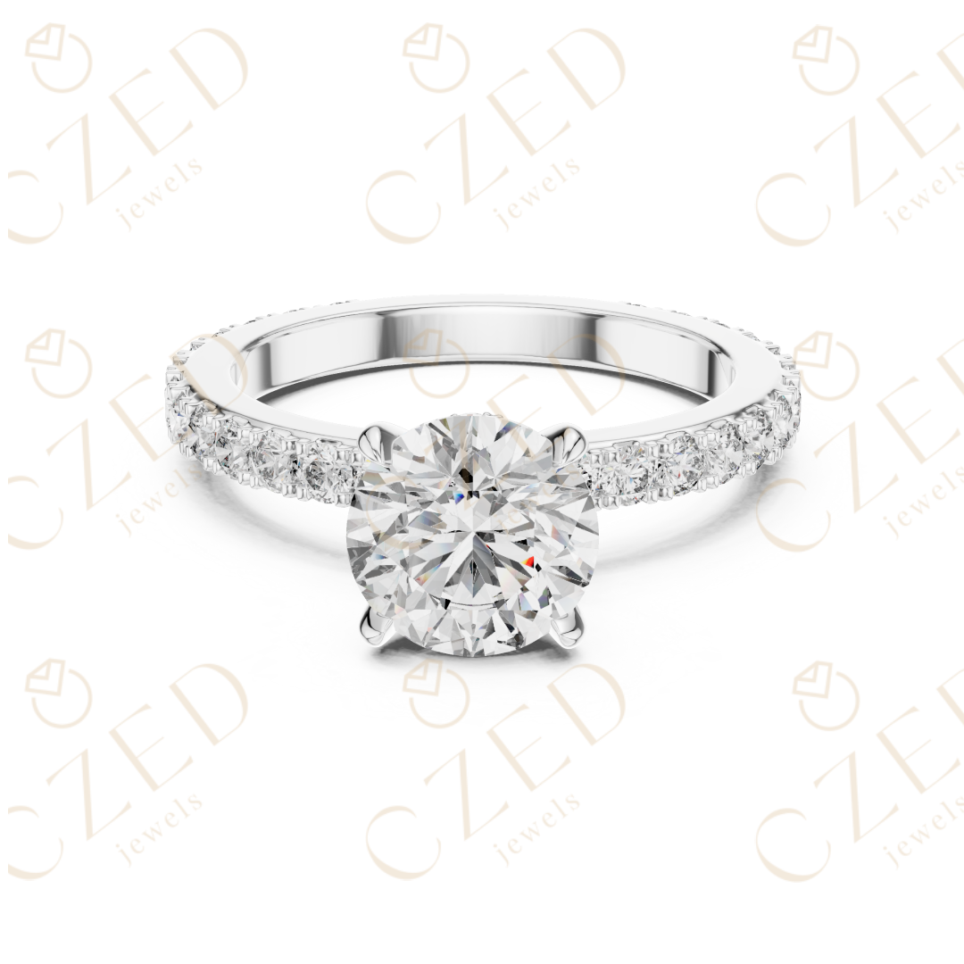 Round Cut Diamond Solitaire Ring with Pavé Side Stones