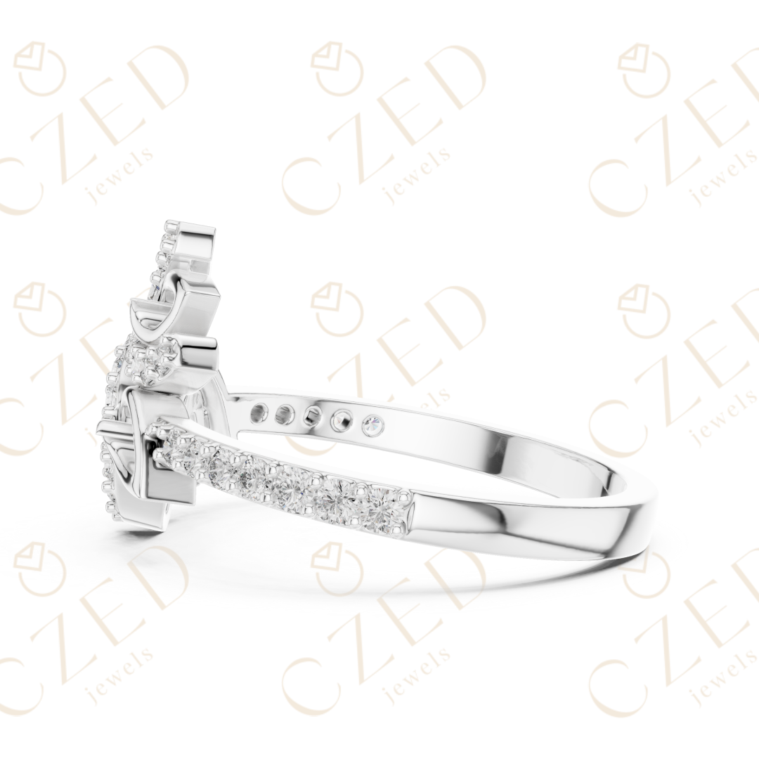 Round Cut Diamond Floral Leaf Halo Ring