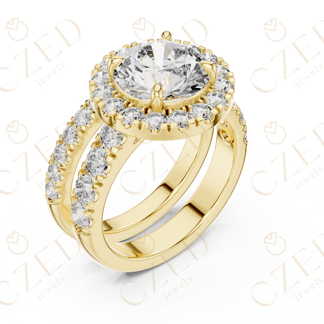 Round Brilliant Diamond Halo Ring with Double Row Pave Band and Matching Band
