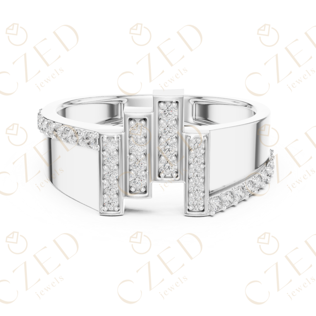 Round Brilliant Diamond Geometric Step Panel Band Ring