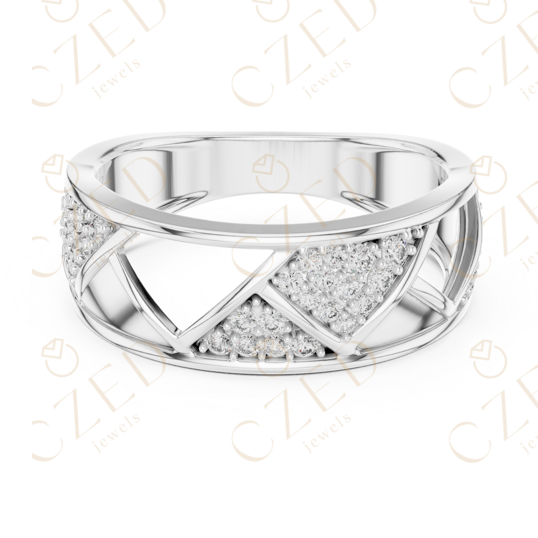 Round Cut Diamond Geometric Cross Band Ring