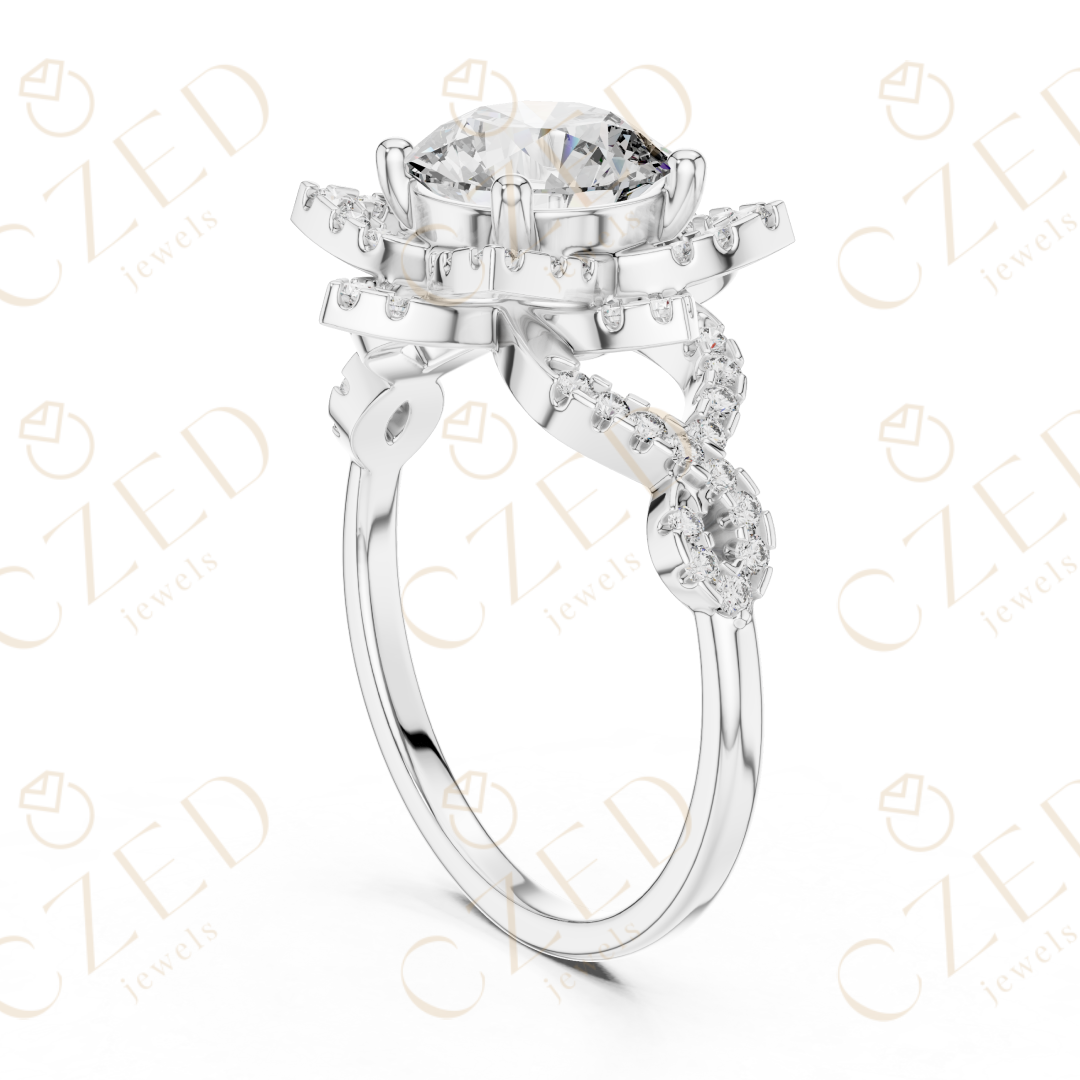 Round Cut Floral Halo Diamond Engagement Ring